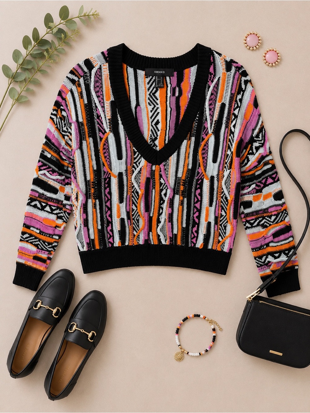 Forever 21 Multicolor Abstract Knit V-Neck Sweater Size Small